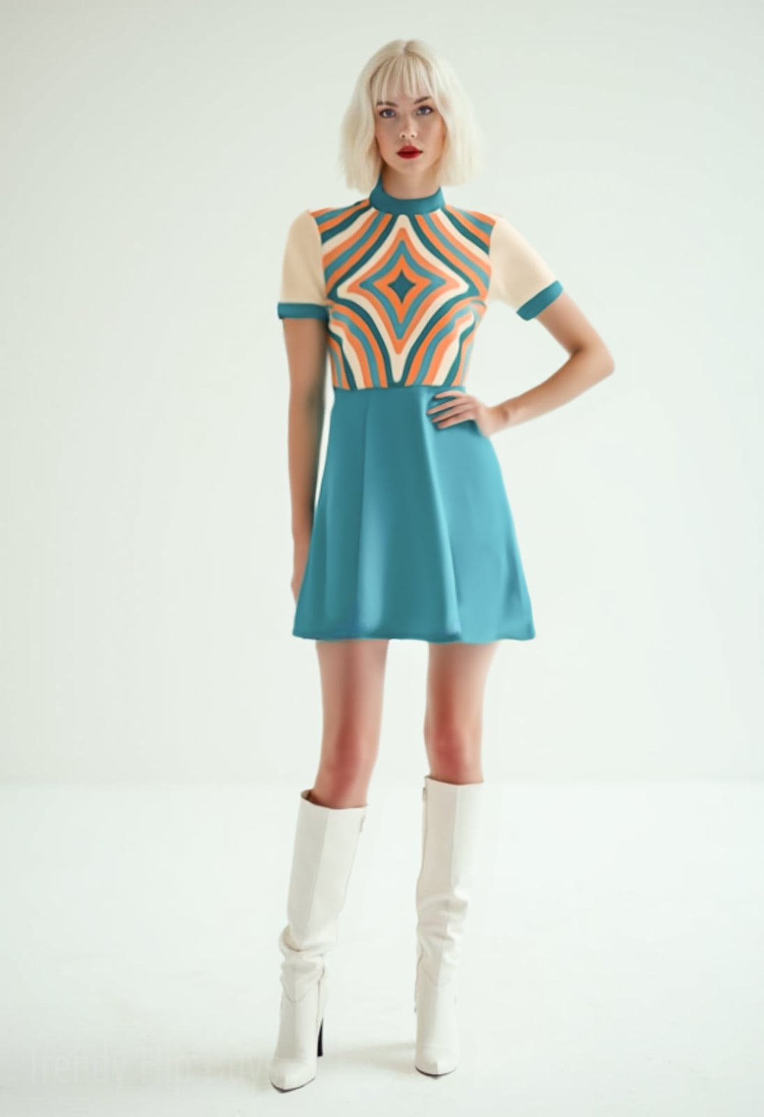 Retro Turquoise Mini Dress with Geometric Pattern, Close-Up Take Retro Turquoise Mini Dress with Geometric Pattern, Close-Up Take — Trendy Turquoise Dress