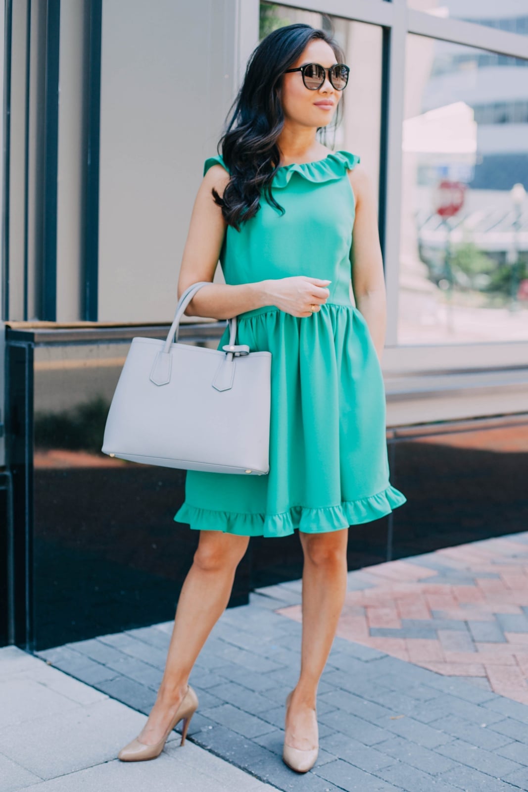 Green A-Line Dress with Ruffled Collar and Hem, Close-Up Take Green A-Line Dress with Ruffled Collar and Hem, Close-Up Take — Trendy Turquoise Dress