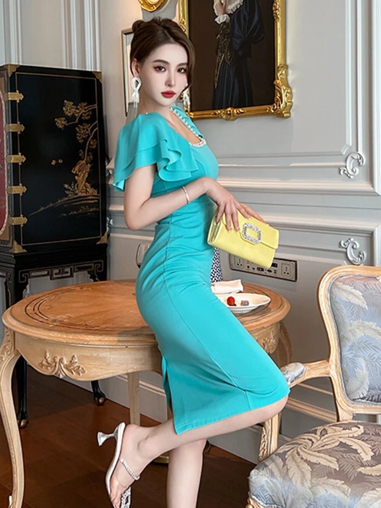 Turquoise Fitted Midi Dress with Layered Ruffle Sleeves Turquoise Fitted Midi Dress with Layered Ruffle Sleeves — Trendy Turquoise Dress