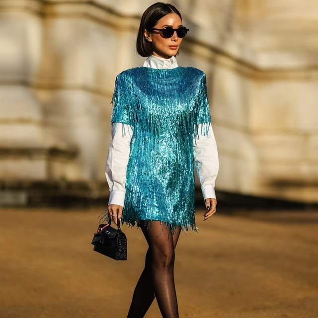 Bright Turquoise Sequin Mini Dress Over a White Shirt Bright Turquoise Sequin Mini Dress Over a White Shirt — Trendy Turquoise Dress