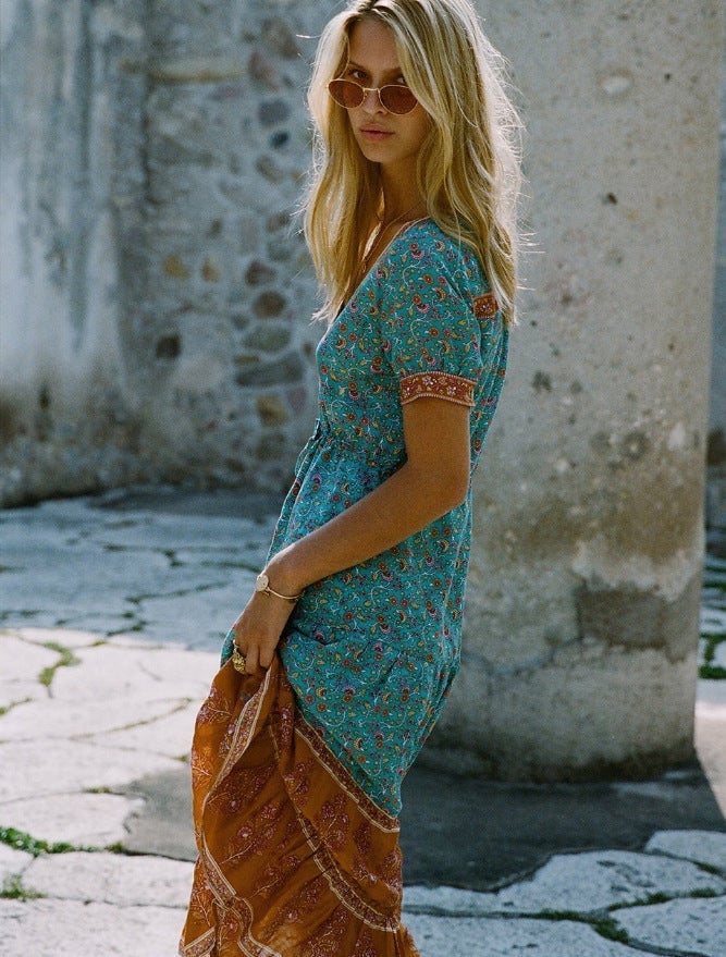 Teal and Orange Floral Print Button-Down Midi Dress Teal and Orange Floral Print Button-Down Midi Dress — Trendy Turquoise Dress