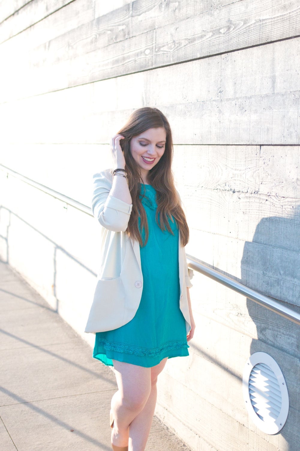 Teal Shift Dress Layered with an Oversized Blazer, Close-Up Take Teal Shift Dress Layered with an Oversized Blazer, Close-Up Take — Trendy Turquoise Dress