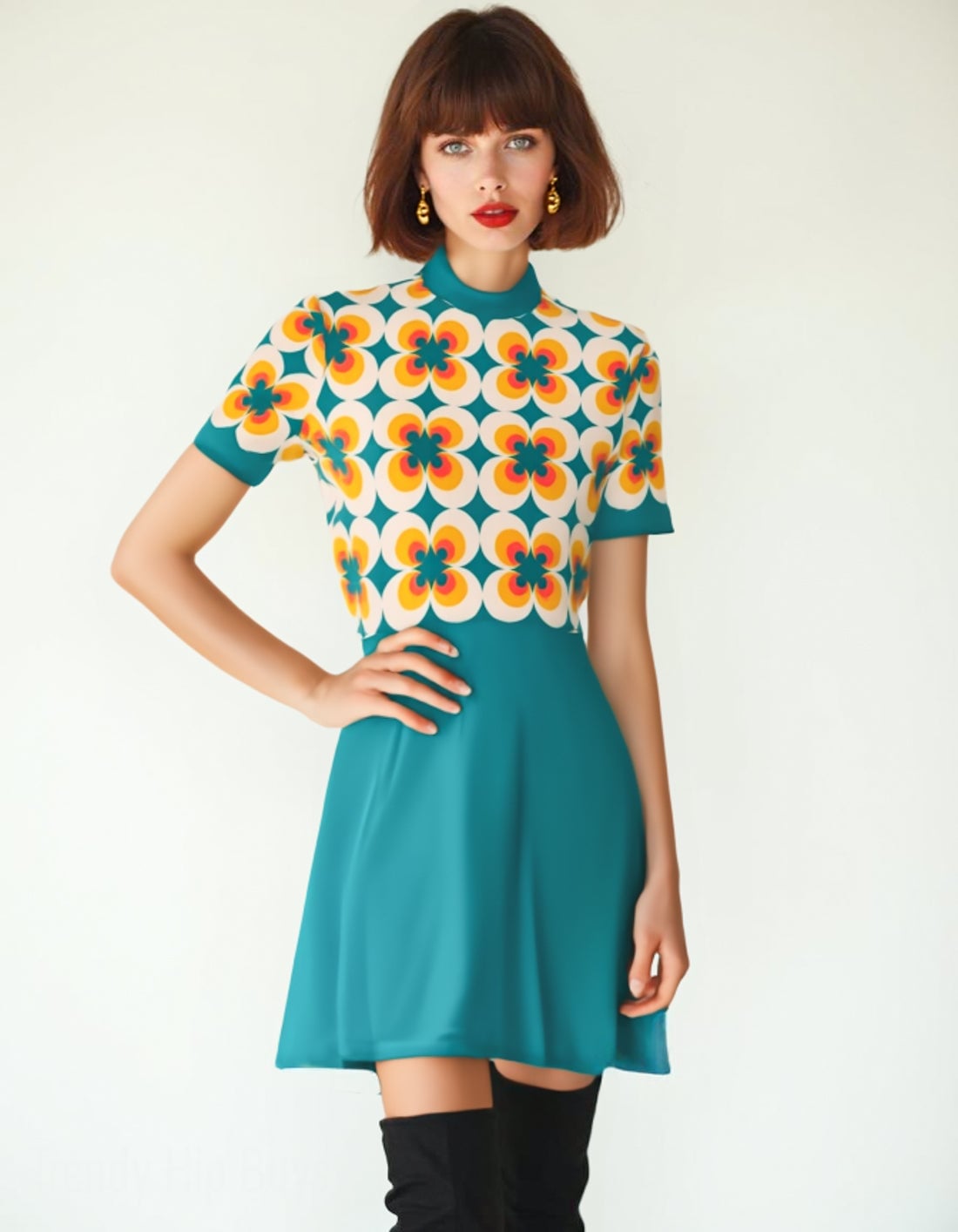 Turquoise Geometric Print Mini Dress with Turtleneck Turquoise Geometric Print Mini Dress with Turtleneck — Trendy Turquoise Dress
