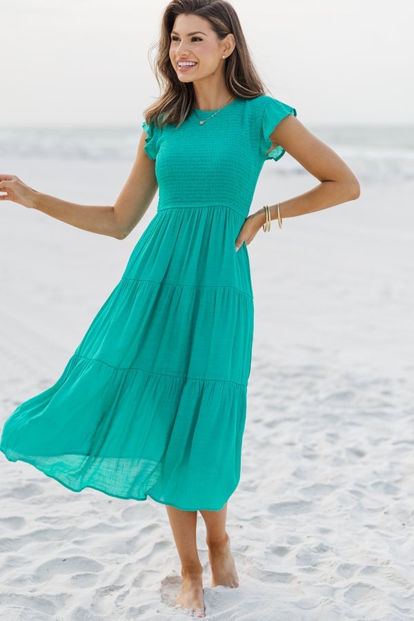 Turquoise Smocked Bodice Tiered Midi Dress for the Beach Turquoise Smocked Bodice Tiered Midi Dress for the Beach — Trendy Turquoise Dress