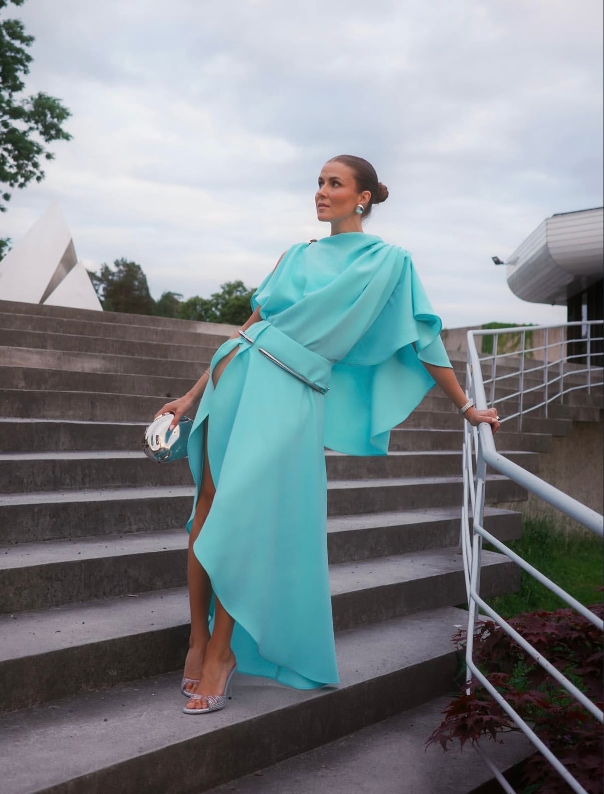 Asymmetrical Draped Turquoise Dress with Metallic Belt Asymmetrical Draped Turquoise Dress with Metallic Belt — Trendy Turquoise Dress