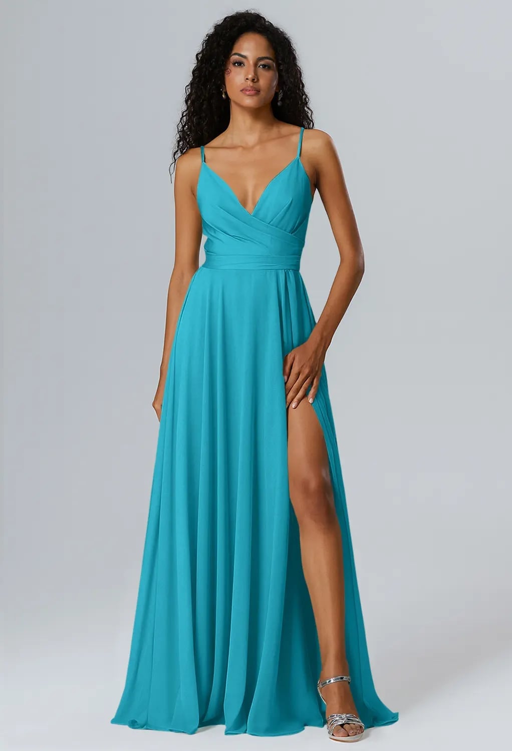 Bright Turquoise Chiffon Maxi Dress with High Slit Bright Turquoise Chiffon Maxi Dress with High Slit — Trendy Turquoise Dress
