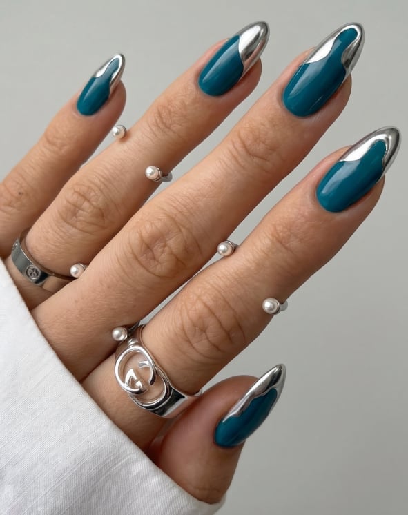 Deep Teal Chrome French Tip Almond Nails — Trendy Turquoise Nails