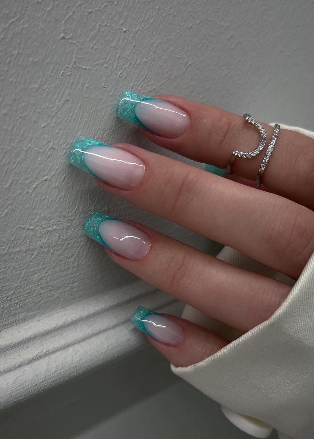 Turquoise Glitter French Tip Square Nails — Trendy Turquoise Nails