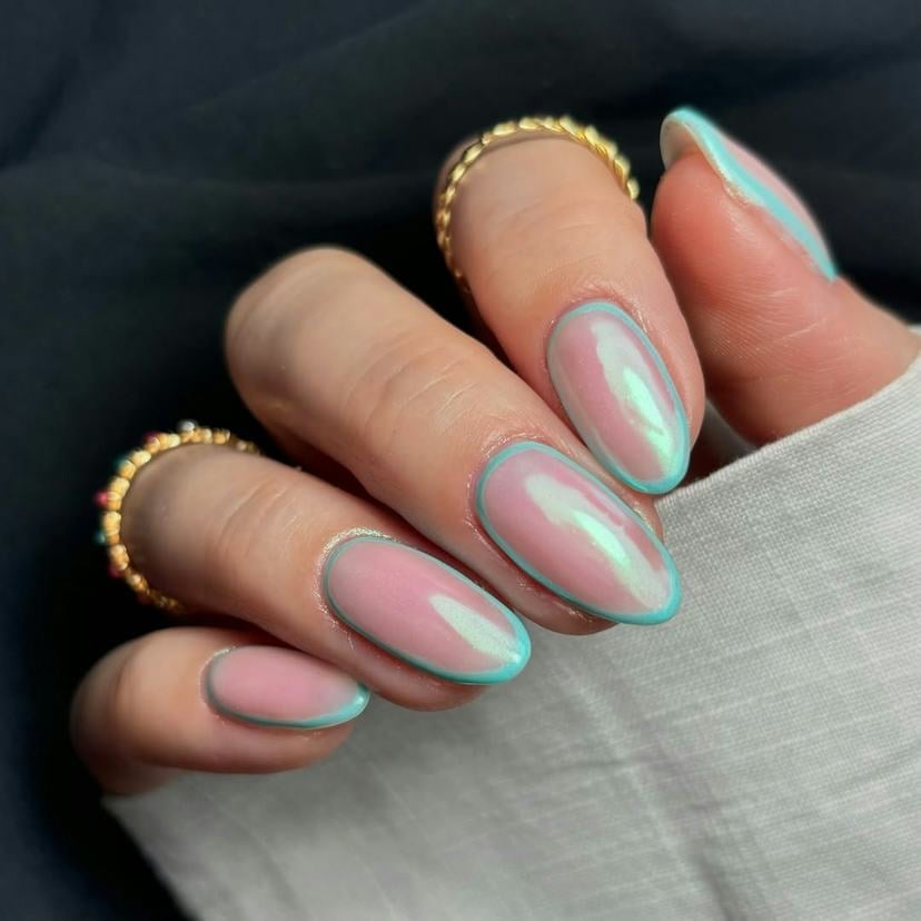Deep Teal Metallic Chrome French Tip Nails With Short Oval — Trendy Turquoise Nails