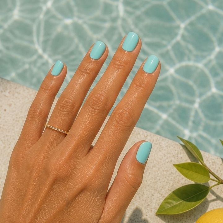 Short Square Creamy Light Turquoise Nails — Trendy Turquoise Nails