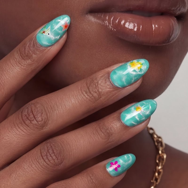 Medium Oval Turquoise Cat Eye Floral Decal Nails — Trendy Turquoise Nails