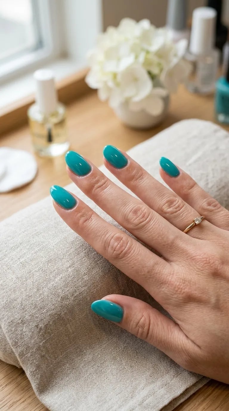 Medium Almond Turquoise Blue Gradient Water Splash Nails — Trendy Turquoise Nails