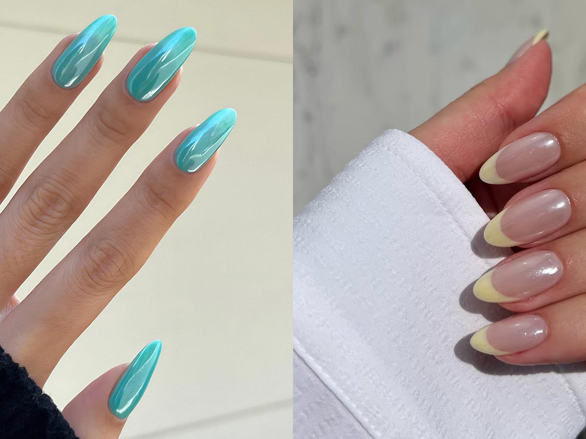 Medium Almond Shimmering Turquoise Blue Undertone Nails — Trendy Turquoise Nails