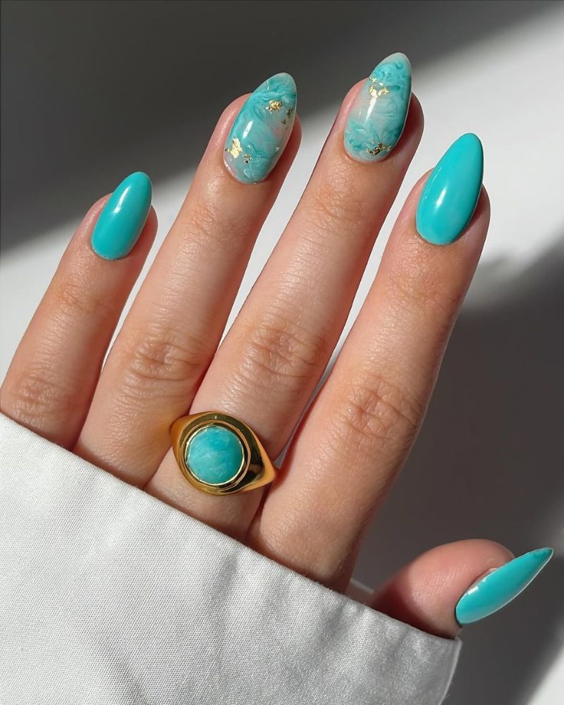 Turquoise Marble Gold Foil Oval Nails — Trendy Turquoise Nails
