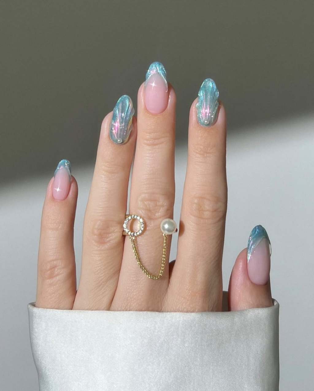 Iridescent Turquoise Tip Almond Nails — Trendy Turquoise Nails