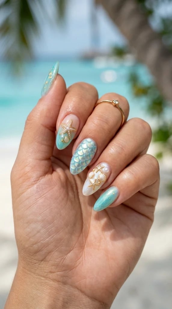 Long Almond Mermaid Shell Embellished Nails — Trendy Turquoise Nails
