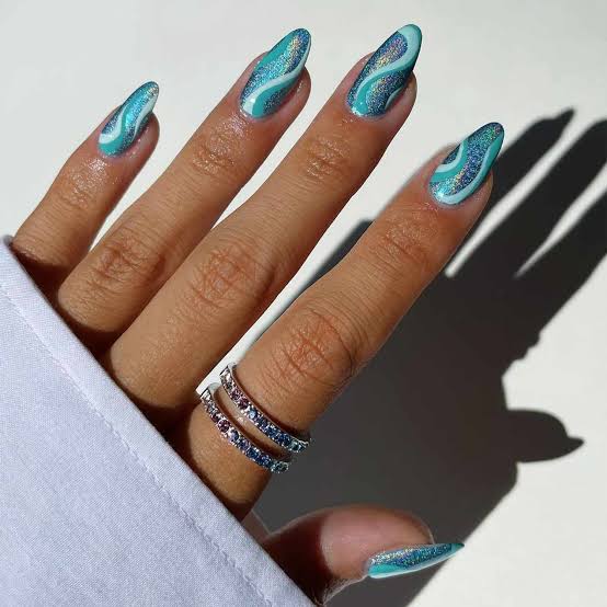 Long Stiletto Turquoise Swirl Glitter Nails — Trendy Turquoise Nails