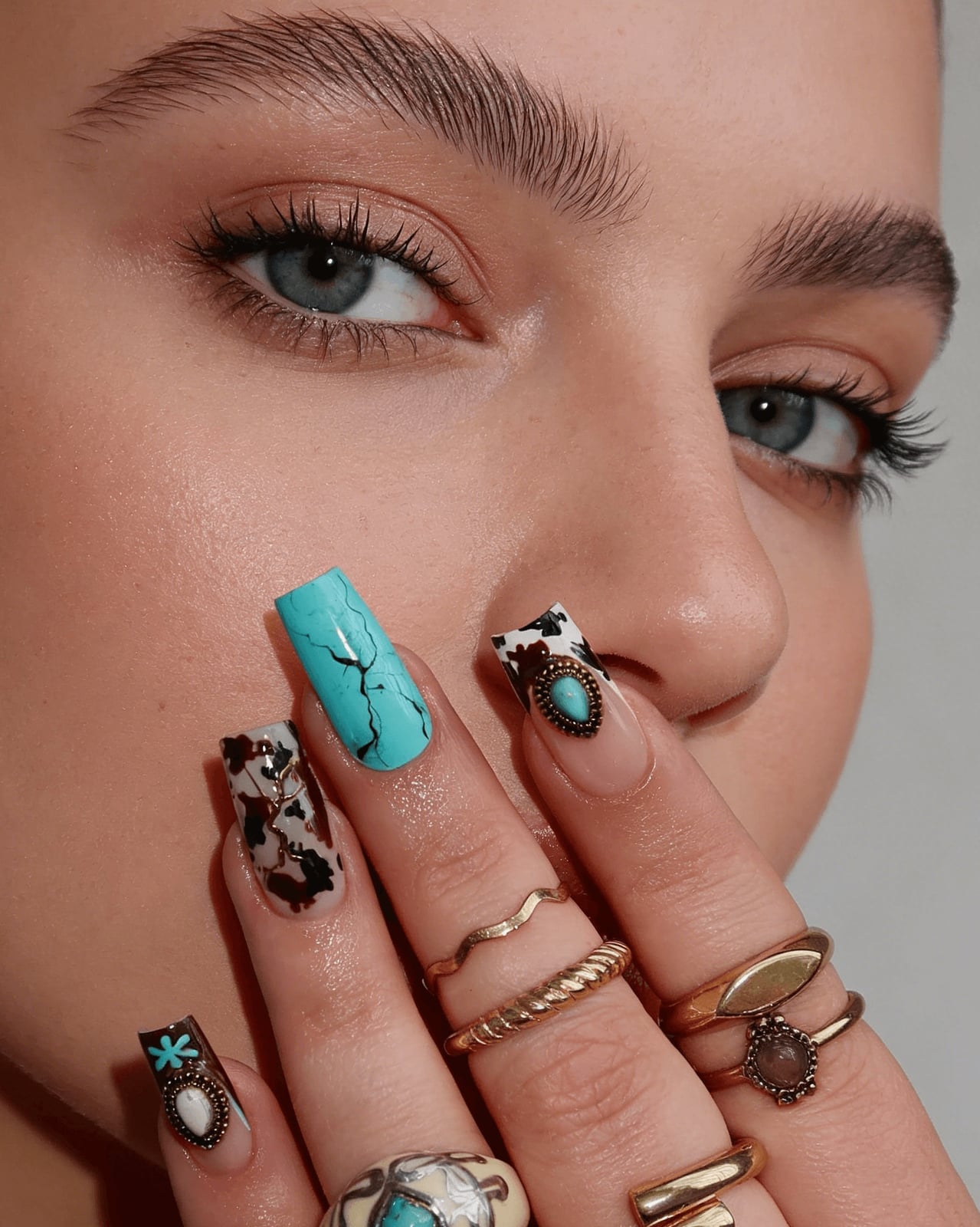 Long Square Turquoise Cow Print Nails — Trendy Turquoise Nails