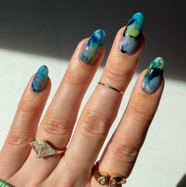 Abstract Marble Turquoise Yellow Nails — Trendy Turquoise Nails