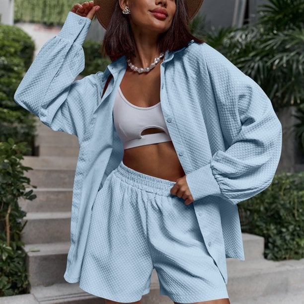 Light Blue Textured Oversized Button-Down Shirt and Relaxed Shorts — Trendy Two Piece Outfits