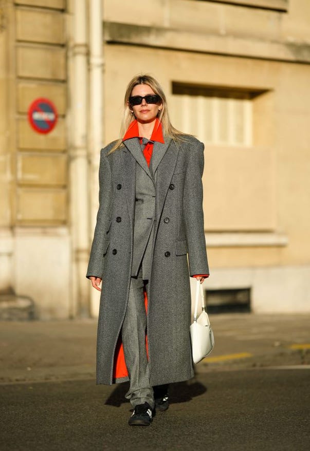Gray Oversized Blazer, Suit Pants, and Orange Shirt — Trendy Two Piece Outfits