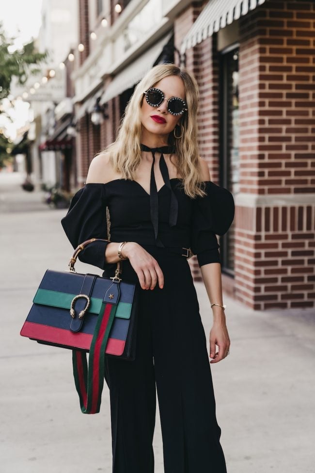 Black Off-The-Shoulder Top with Puffed Sleeves and Wide-Leg Trousers — Trendy Two Piece Outfits