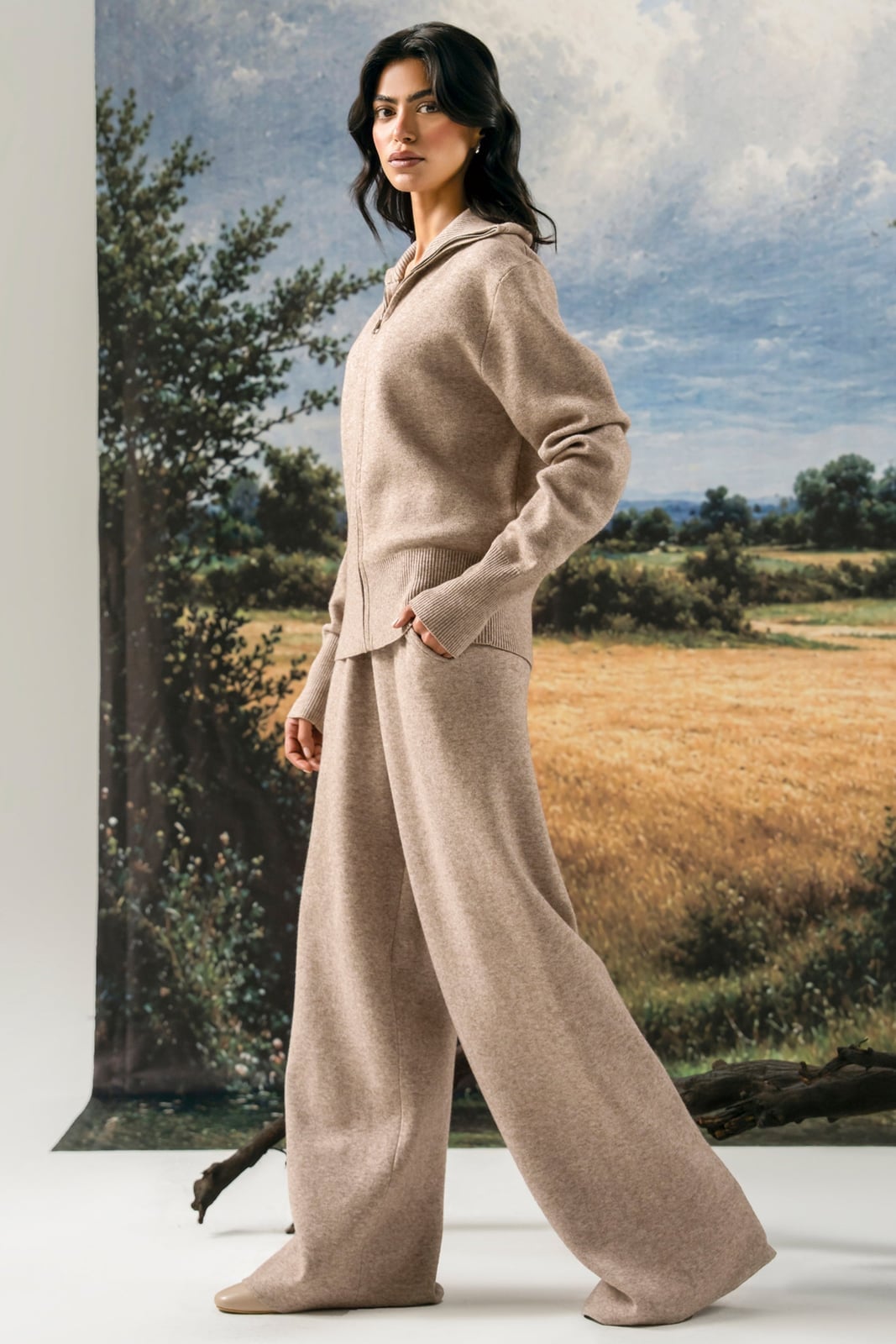 Beige Knit Zip-Up Hoodie and Wide-Leg Pants — Trendy Two Piece Outfits