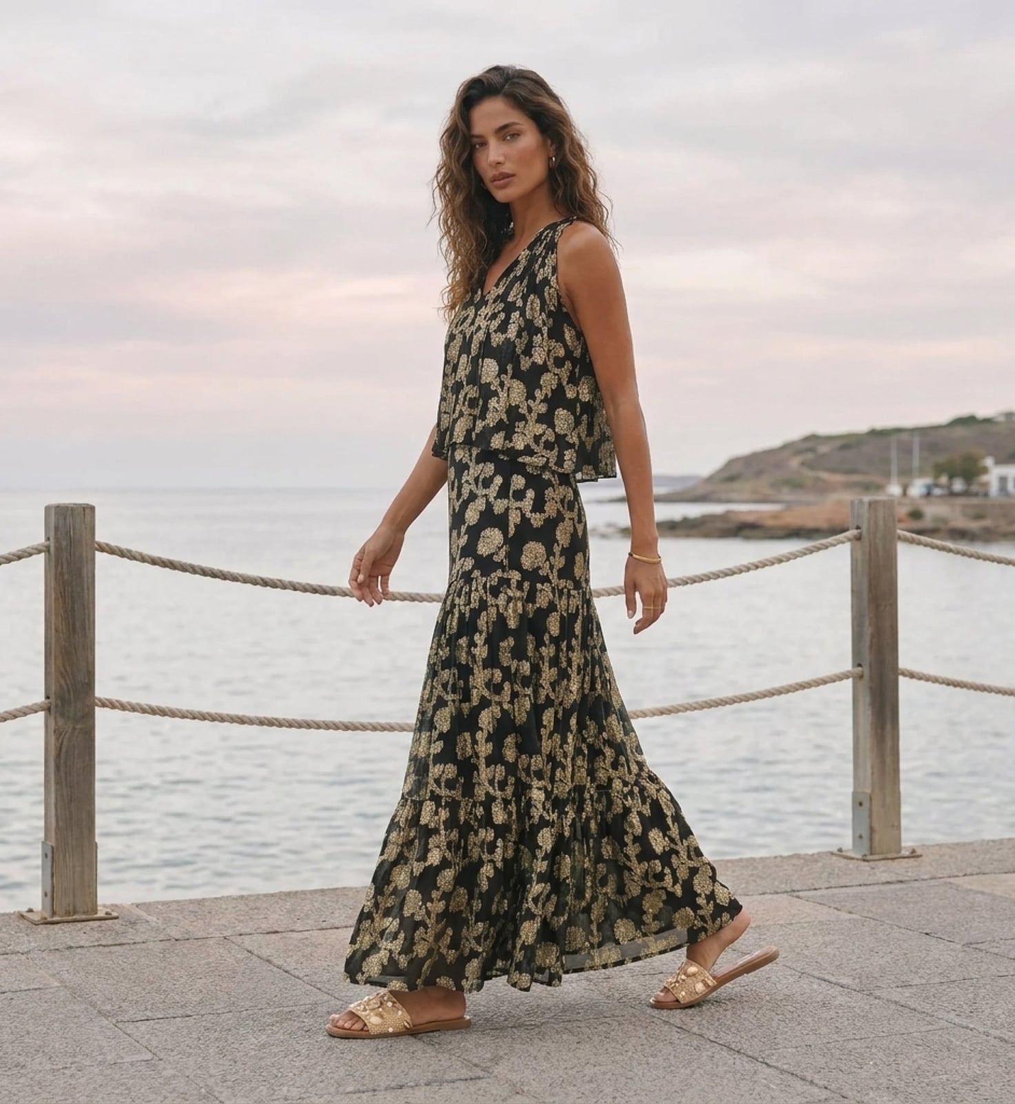 Black Sleeveless Top with Metallic Floral Print and Tiered Maxi Skirt — Trendy Two Piece Outfits
