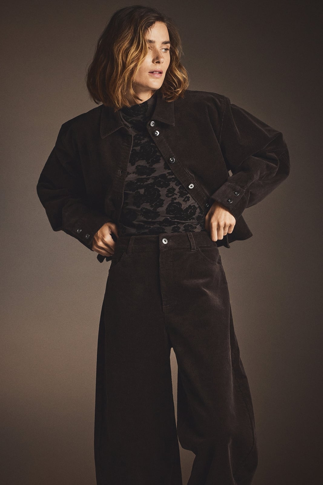 Dark Brown Corduroy Jacket and Matching Wide-Leg Pants — Trendy Two Piece Outfits