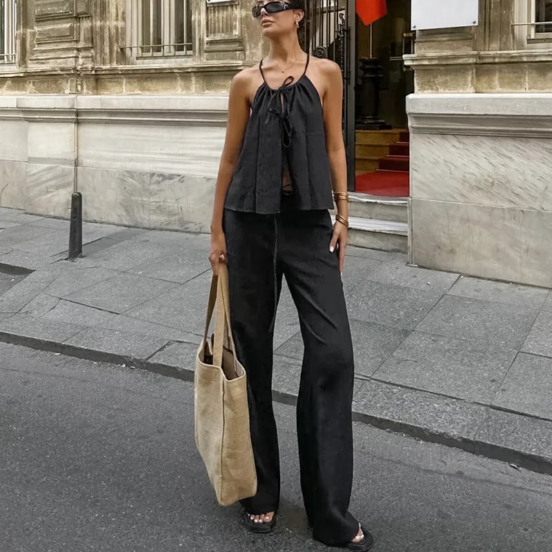 Charcoal Gray Crinkled Fabric Halter Neck Top and Wide-Leg Pants — Trendy Two Piece Outfits