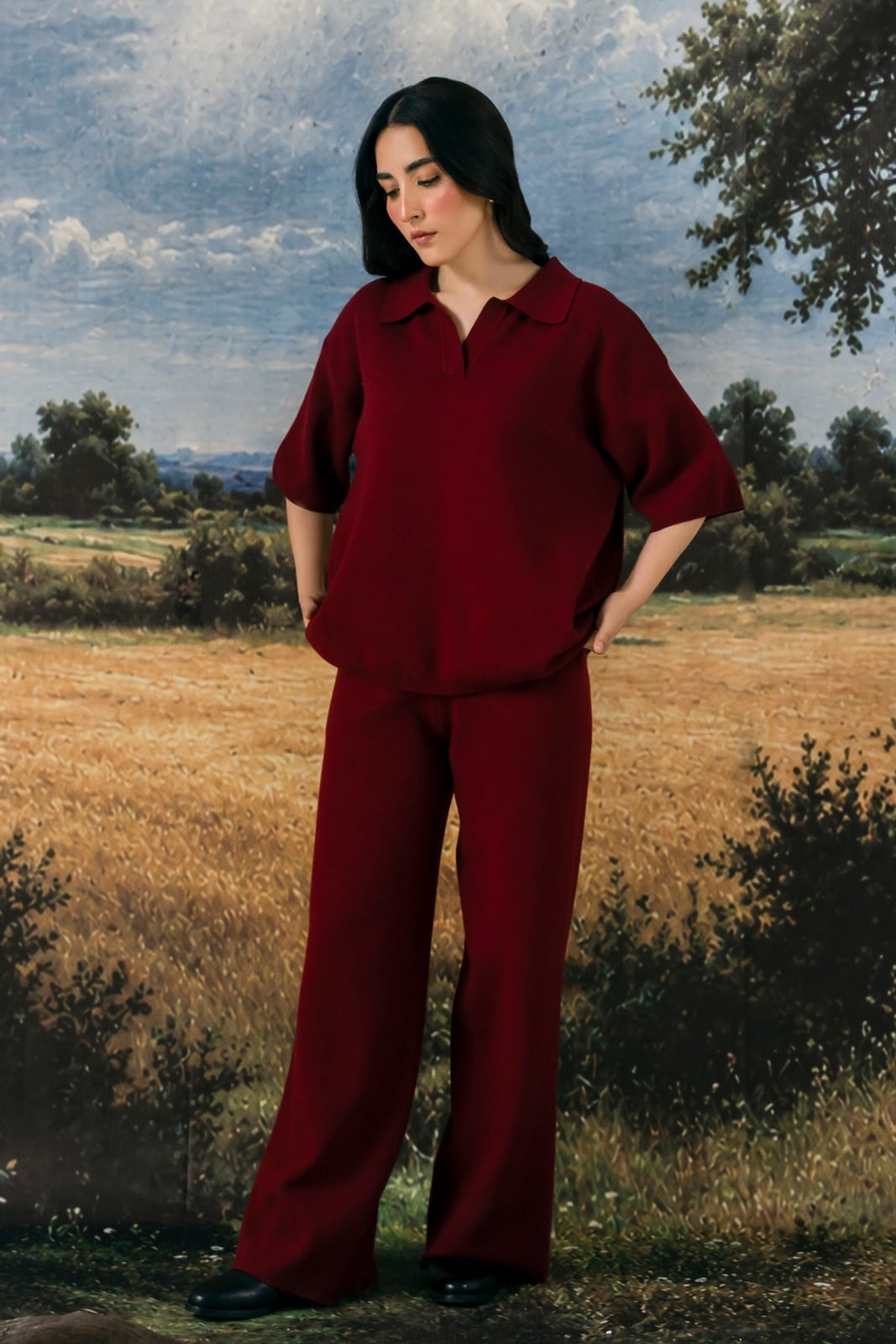 Burgundy Knit Collared Top and Wide-Leg Pants — Trendy Two Piece Outfits