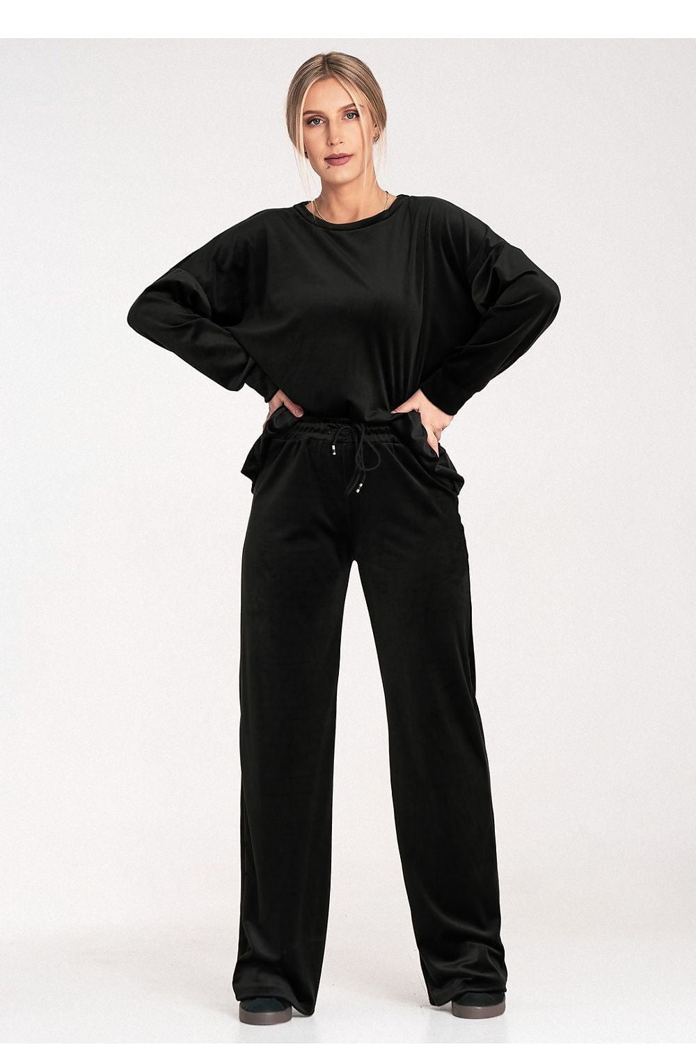 Black Velvet Crew Neck Sweatshirt and Drawstring Wide-Leg Pants — Trendy Two Piece Outfits