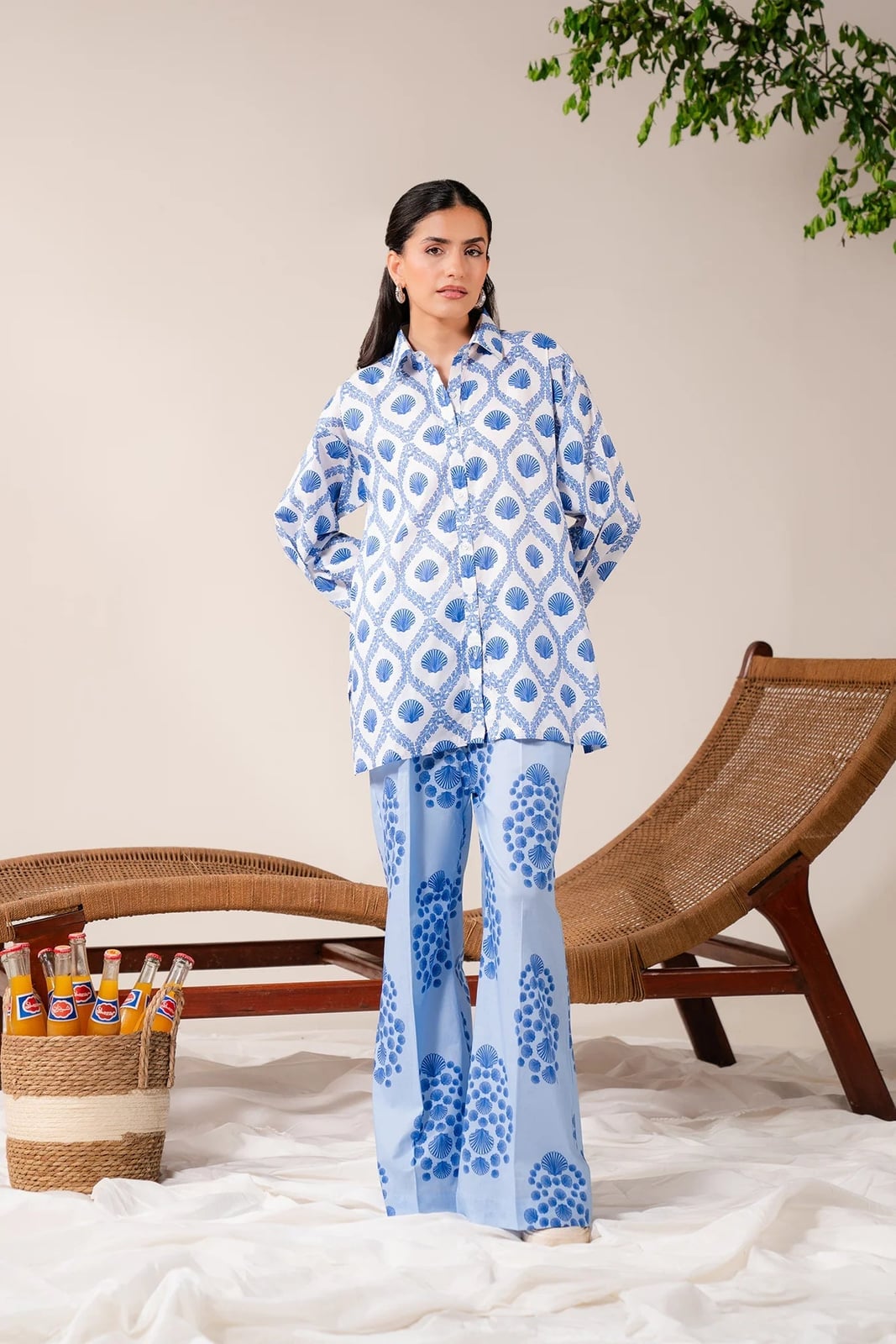 Blue and White Printed Collared Shirt and Flared Pants — Trendy Two Piece Outfits