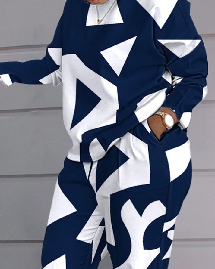 Navy Blue and White Geometric Print Long Sleeve Top and Pants — Trendy Two Piece Outfits