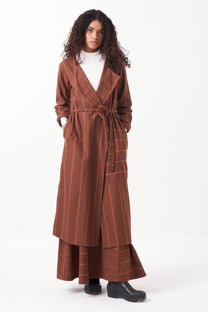 Brown and Orange Striped Longline Wrap Coat and Plaid Pants — Trendy Two Piece Outfits