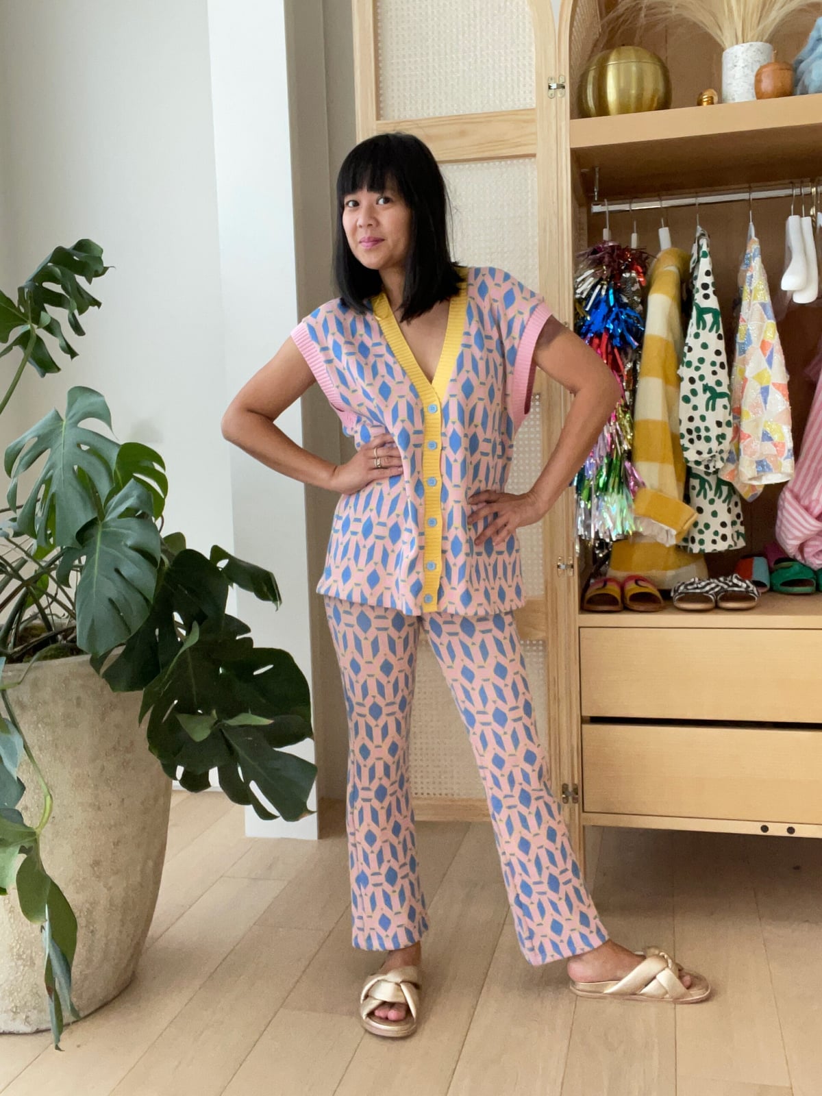 Pink and Blue Geometric Knit Cardigan and Wide-Leg Pants — Trendy Two Piece Outfits