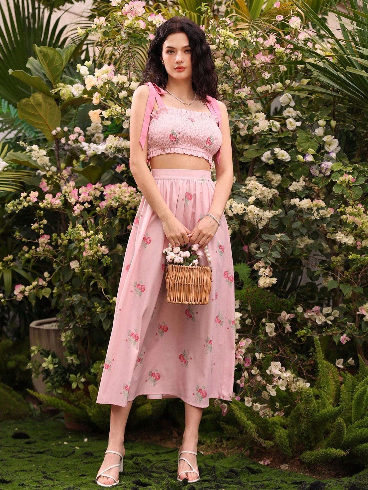 Pink Floral Print Smocked Camisole and Midi Skirt — Trendy Two Piece Outfits