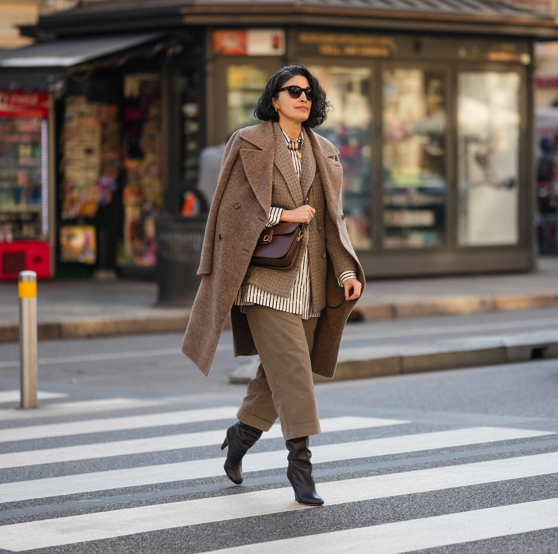 Brown Layered Wool Coat, Blazer, and Twill Pants — Trendy Two Piece Outfits