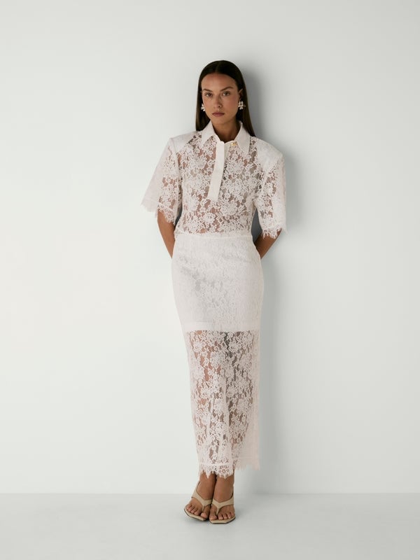 White Lace Collared Shirt and Midi Skirt Set — Trendy Two Piece Outfits