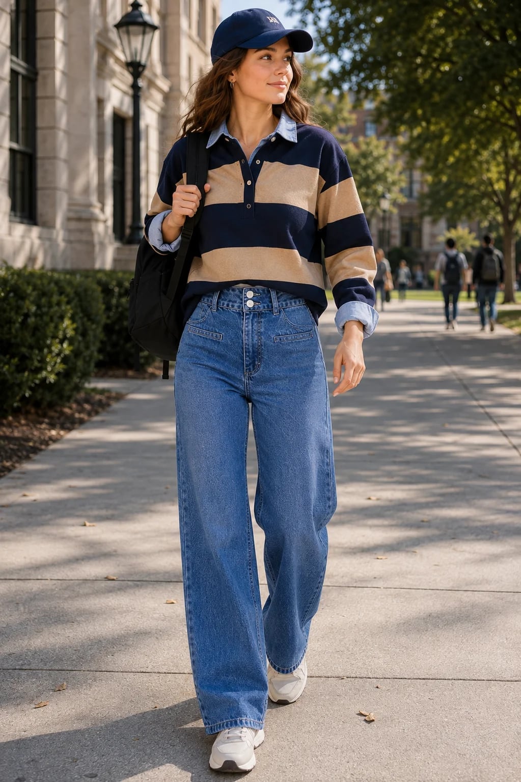 Wide Leg Jeans and Striped Polo for a Campus Look Wide Leg Jeans and Striped Polo for a Campus Look — Trendy Uni Outfits