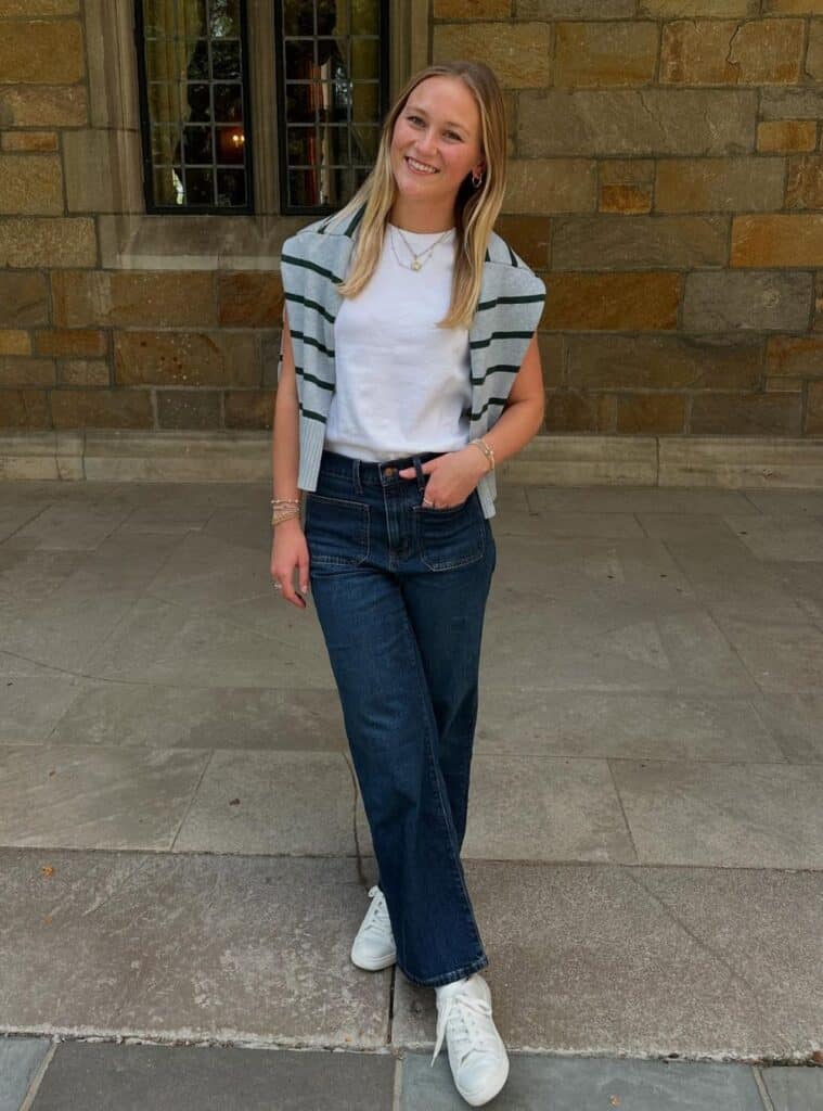 Striped Sweater Draped Over T-Shirt and Straight Leg Jeans Striped Sweater Draped Over T-Shirt and Straight Leg Jeans — Trendy Uni Outfits