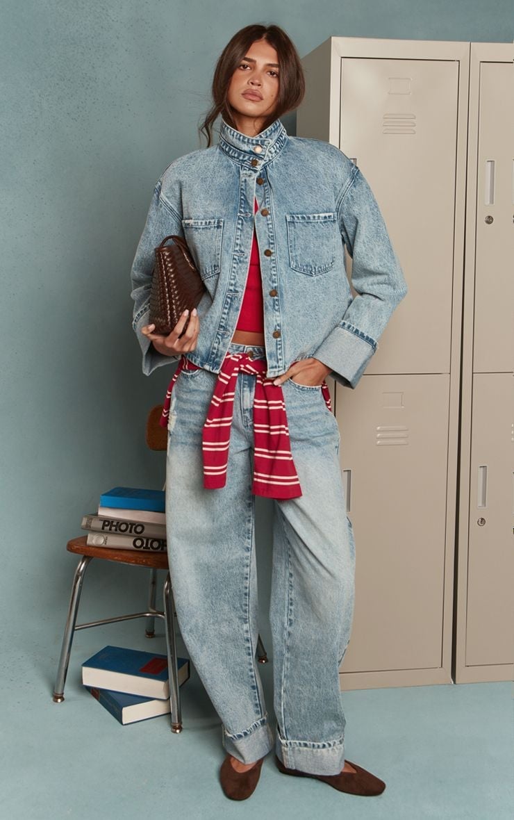 Acid Wash Denim Jacket with Baggy Jeans and Loafers Acid Wash Denim Jacket with Baggy Jeans and Loafers — Trendy Uni Outfits