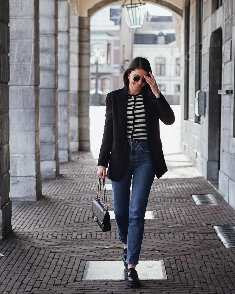 Tailored Blazer with Striped Top and Straight Leg Jeans Tailored Blazer with Striped Top and Straight Leg Jeans — Trendy Uni Outfits