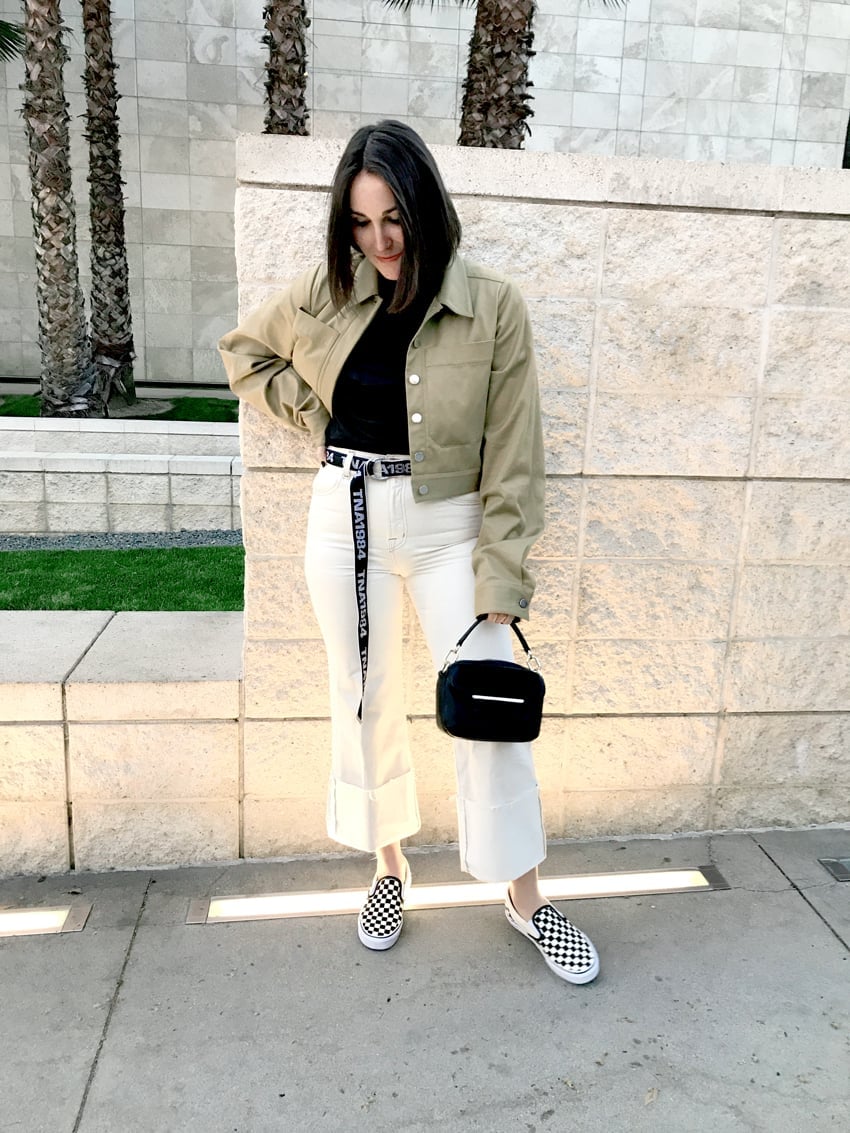 Cropped Jacket and Wide Leg Pants with Checkered Vans Cropped Jacket and Wide Leg Pants with Checkered Vans — Trendy Vans Outfits