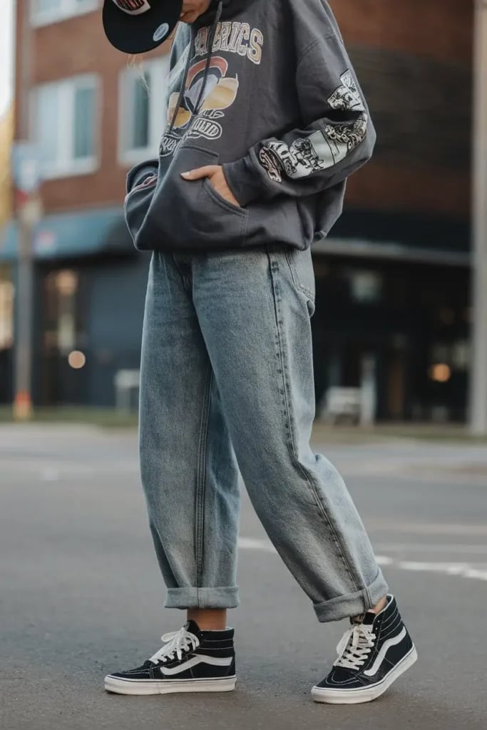 Baggy Jeans and Graphic Hoodie with Black and White Vans Baggy Jeans and Graphic Hoodie with Black and White Vans — Trendy Vans Outfits