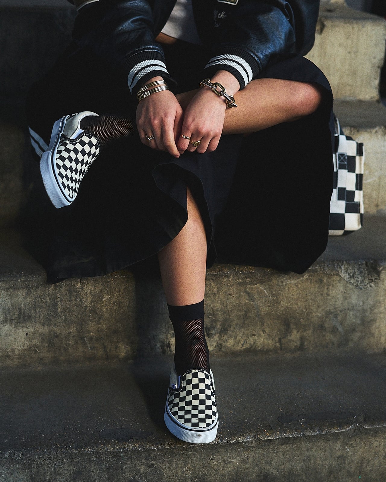 Bomber Jacket and Fishnet Socks with Checkerboard Vans Bomber Jacket and Fishnet Socks with Checkerboard Vans — Trendy Vans Outfits