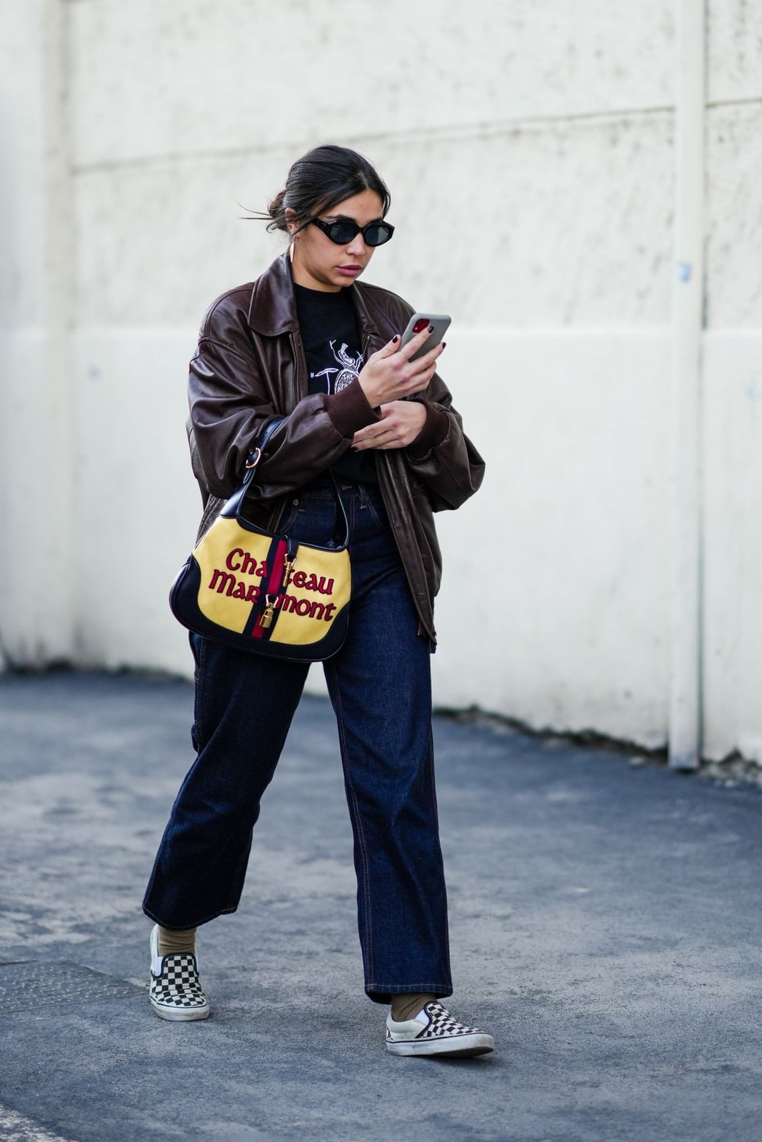 Leather Bomber Jacket and Wide Leg Jeans with Checkerboard Vans Leather Bomber Jacket and Wide Leg Jeans with Checkerboard Vans — Trendy Vans Outfits