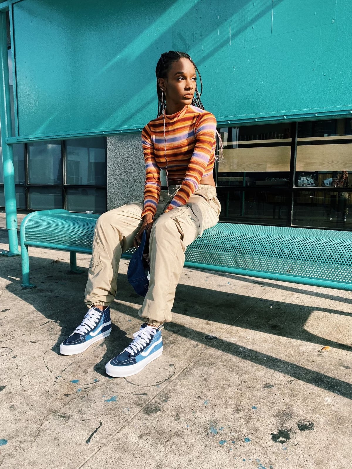 Striped Long Sleeve Top and Cargo Pants with Blue and White Vans Striped Long Sleeve Top and Cargo Pants with Blue and White Vans — Trendy Vans Outfits