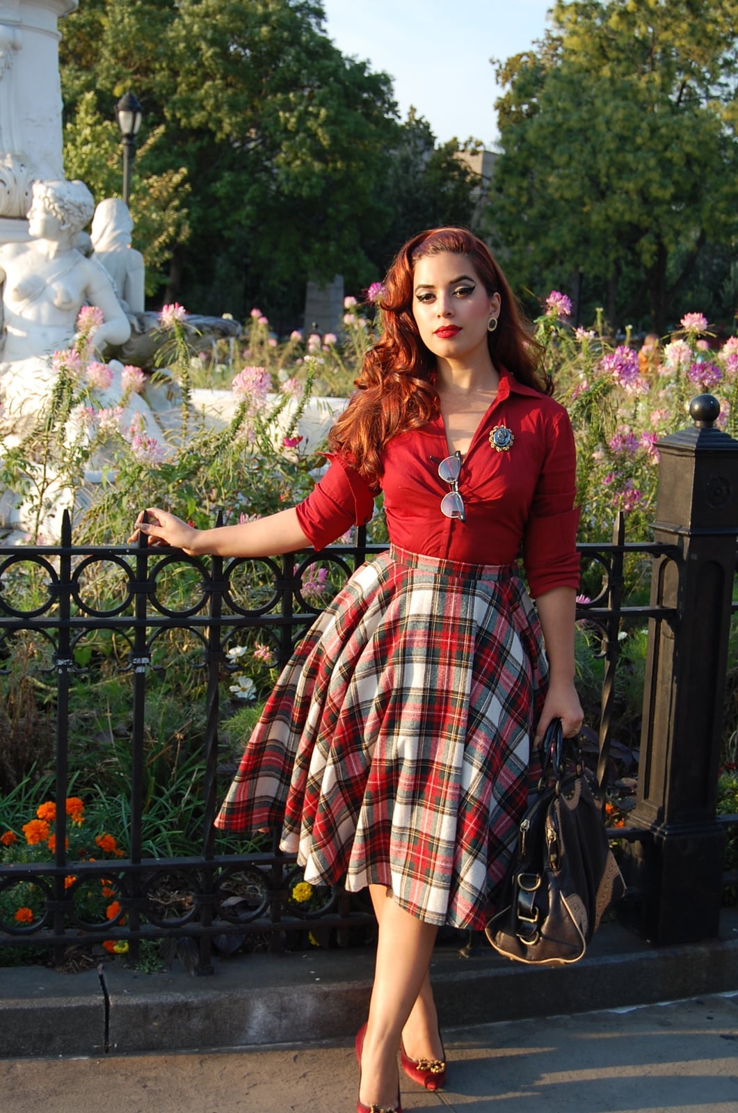 Plaid Circle Skirt With Button-Up Shirt Plaid Circle Skirt With Button-Up Shirt — Trendy Vintage Style