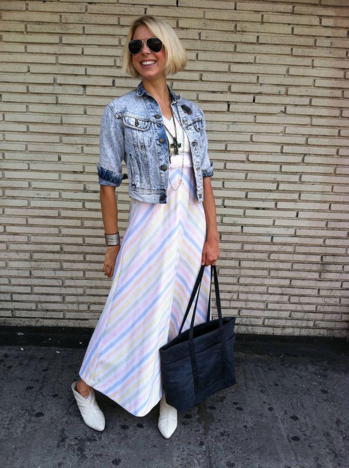 Denim Jacket Over Striped Maxi Dress Denim Jacket Over Striped Maxi Dress — Trendy Vintage Style